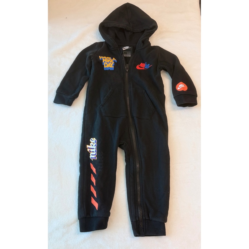 Nike Hooded Coverall Baby 18M Black Excellent Fleece Full Zip Romper 1377-023